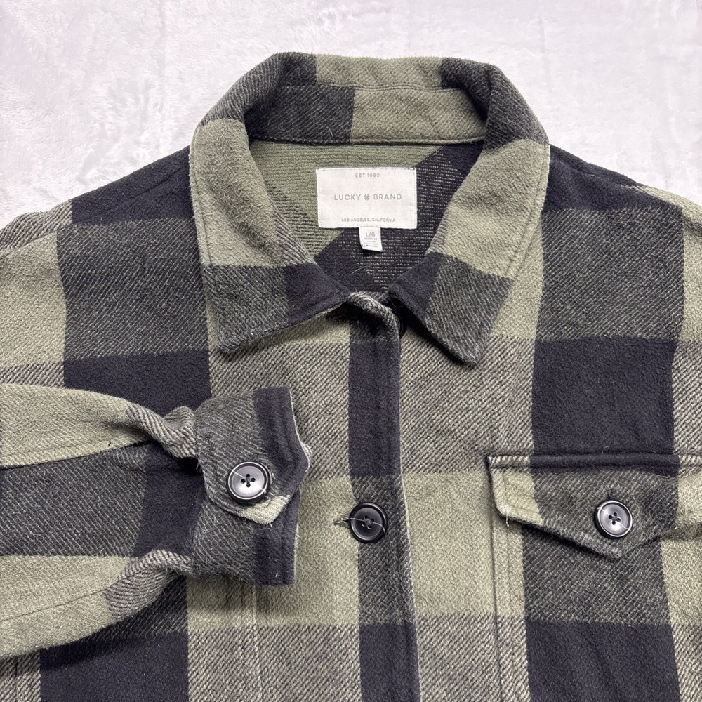 Lucky Brand Jacket Womens Size L Green Black Buffalo Check Plaid Flannel Shacket